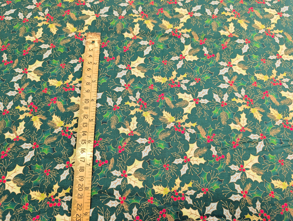 Thumbnail: Holly & Poinsettia Christmas 100% Cotton Range Green Holly Flat Front View with Ruler