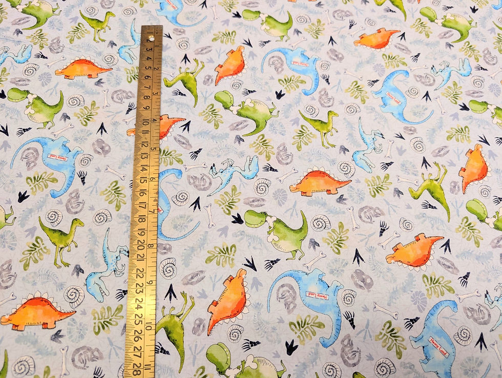 Thumbnail: Little Dinosaurs by Susan Wheeler 100% Cotton Range Dinosaurs & Fossils Flat Front View with Ruler