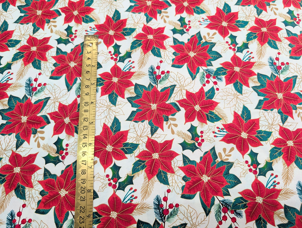 Thumbnail: Holly & Poinsettia Christmas 100% Cotton Range Cream Poinsettia Flat Front View with Ruler