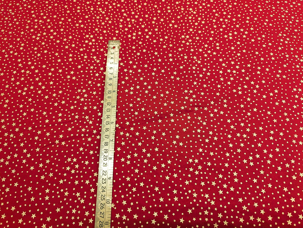 Thumbnail: Gold Metallic Christmas Stars 100% Cotton Red Flat Front View with Ruler