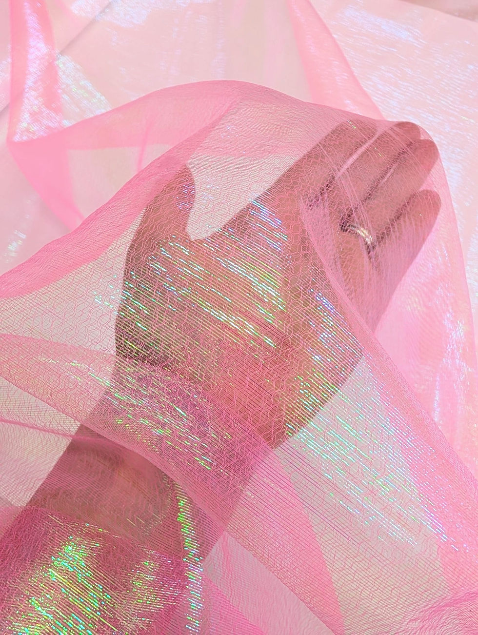 Thumbnail: Rainbow Pearlescent Organza Pink with Hand Underneath
