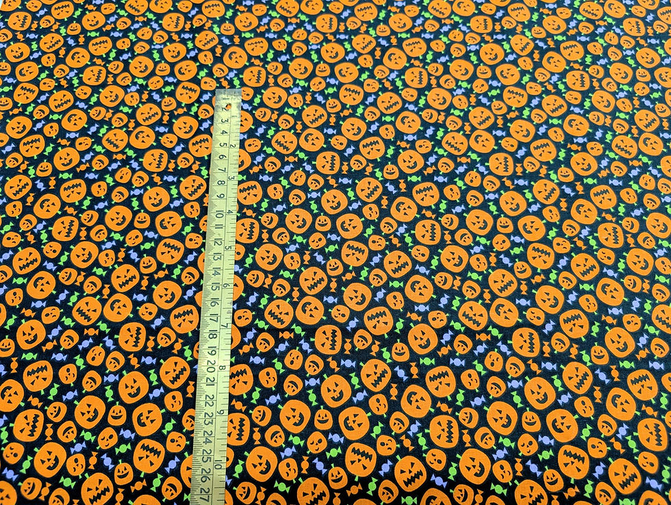 Thumbnail: Halloween Pumpkins & Candy 100% Cotton Flat Front View with Ruler