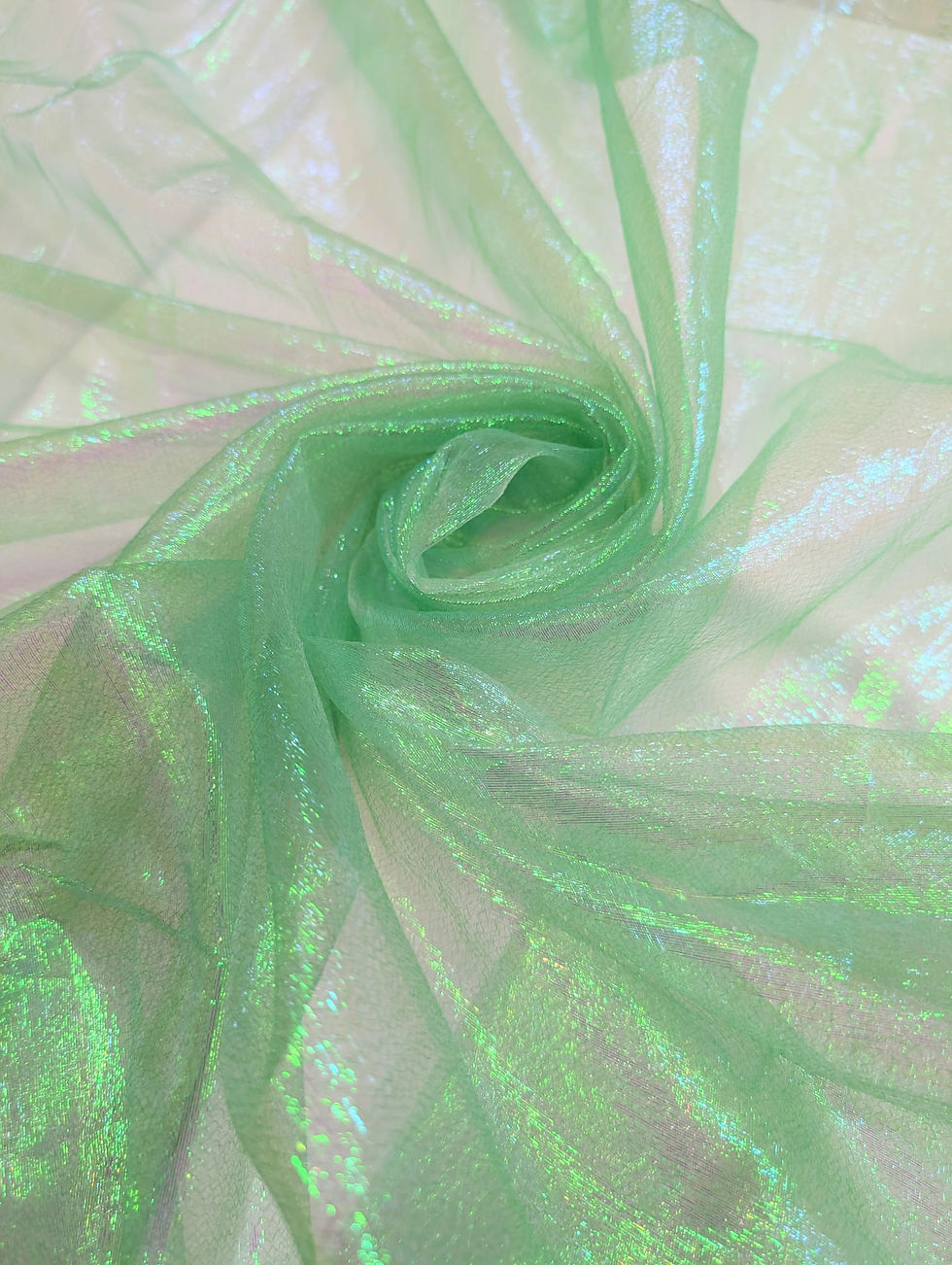 Thumbnail: Rainbow Pearlescent Organza Green Scrunched Front View