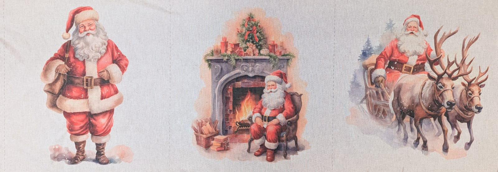 Set of 3 Christmas Santa Linen Look Cushion Panels 18"/45.5cm Flat Front View Whole Panel