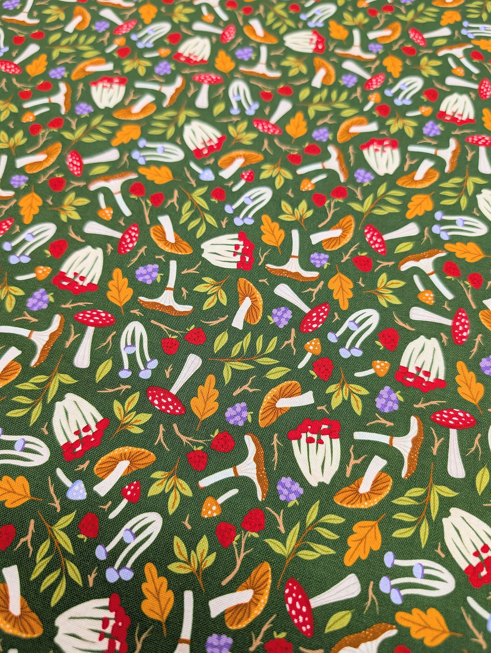 Autumn Nightfall Forest Moonlit Mushrooms 100% Cotton Flat Front View