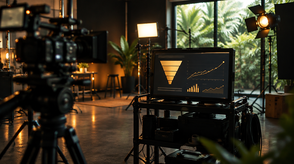 Set de producción de Roca3 con cámara de cine y monitor con métricas de marketing
