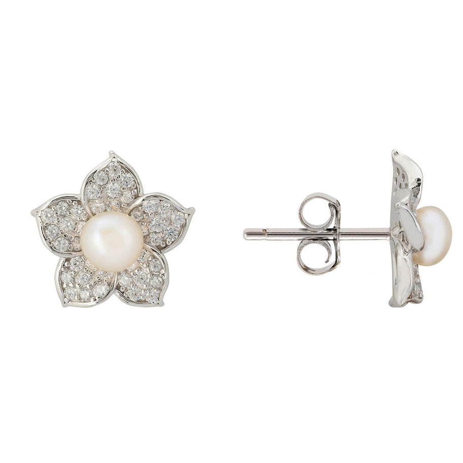 Boucles d'oreilles en forme de fleur avec perle et diamants, bijoux Maison Argÿel.