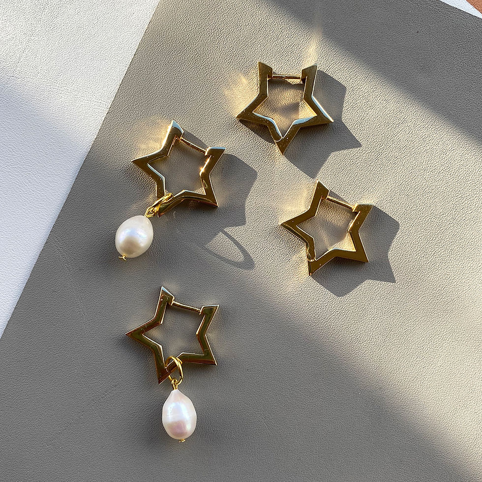 Boucles d'oreilles étoiles dorées avec perles Maison Argÿel, sur fond gris clair.