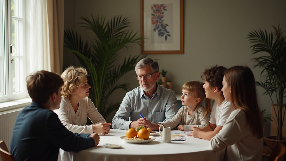 High angle view of a family sitting around a table having a calm discussion
