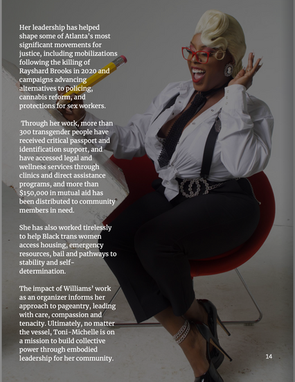Toni-Michelle sits in a red chair wearing a white blouse, red glasses, and black suspenders while holding a pencil, with impact text overlaid.
