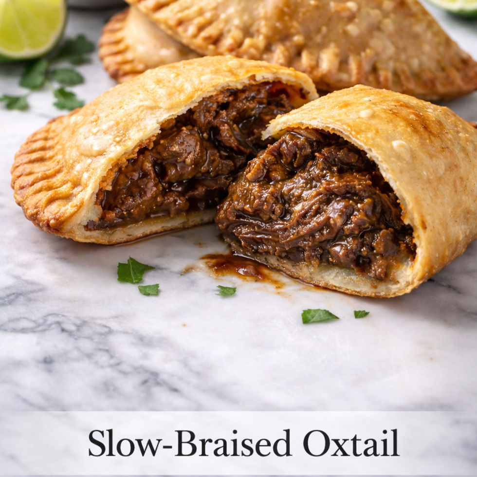 Slow-braised oxtail empanada cut open to show tender Caribbean-style beef filling