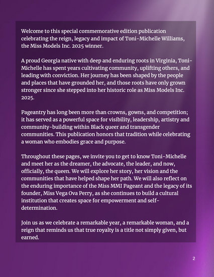 Purple publication page with a welcome message celebrating Toni-Michelle Williams and the Miss Models Inc. legacy.