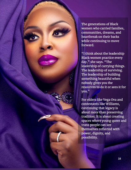 Close-up portrait of Toni-Michelle wrapped in purple fabric with white text over a translucent purple box.
