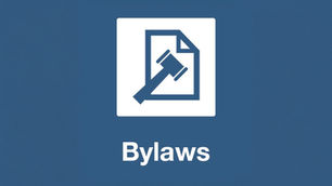 Icon of a gavel over a document on a blue background with the word "Bylaws" beneath, conveying formality and legal guidelines.