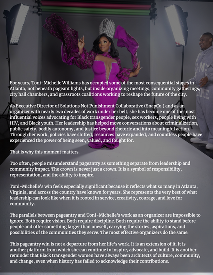 Toni-Michelle poses in a purple gown and crown during a studio shoot, with text overlay about her leadership and community work.