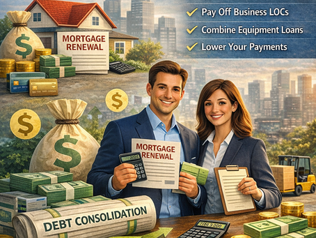 Realistic promotional image showing a professional couple in business attire holding mortgage renewal documents, surrounded by stacks of cash, credit cards, a calculator, and a house model labeled “Mortgage Renewal,” illustrating the concept of using a debt consolidation mortgage renewal to consolidate business debt and improve cash flow.