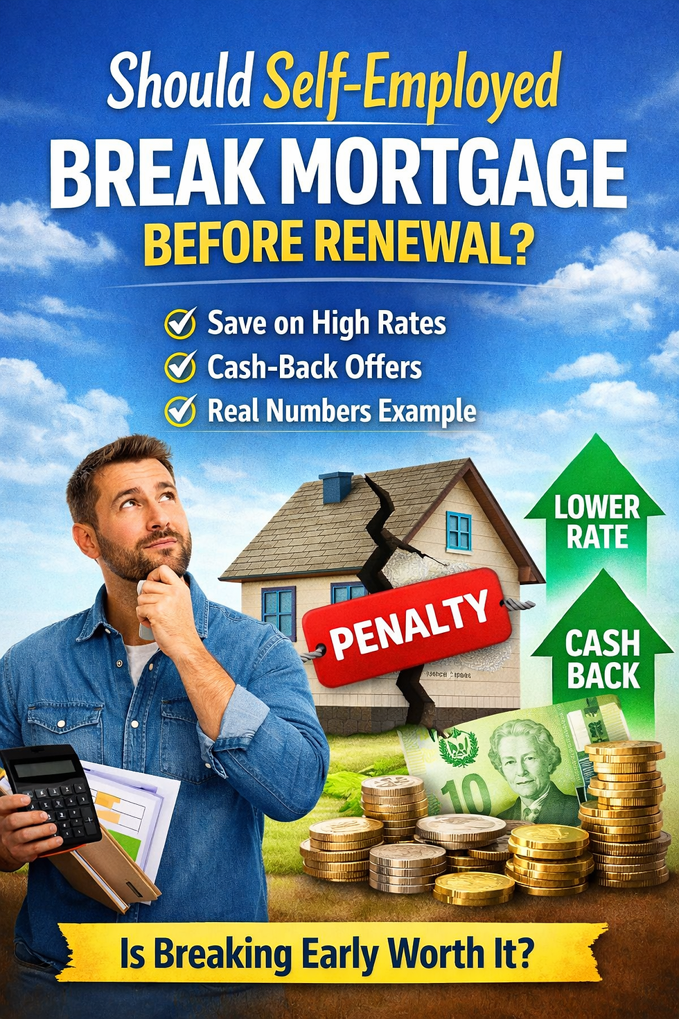 Self-employed man calculating mortgage costs while deciding whether to break mortgage before renewal, with visuals of penalty, lower rate, and cash-back savings.