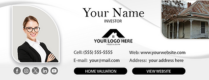 Style 3: Minimalist email signature with agent headshot and a classic house silhouette in the background.