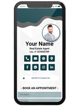 Style 7: "Curved design digital card with agent's photo, aqua accents, and appointment booking."