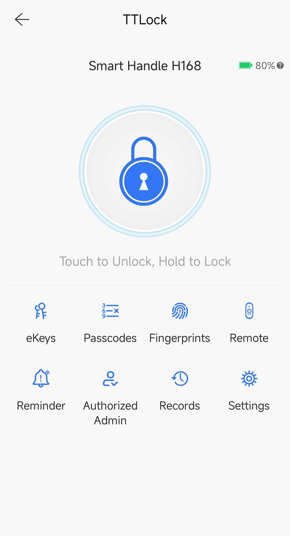 This is the part of the TTLock app where many everyday smart lock features are managed — including eKeys, passcodes, cards, fingerprints, records and settings.
