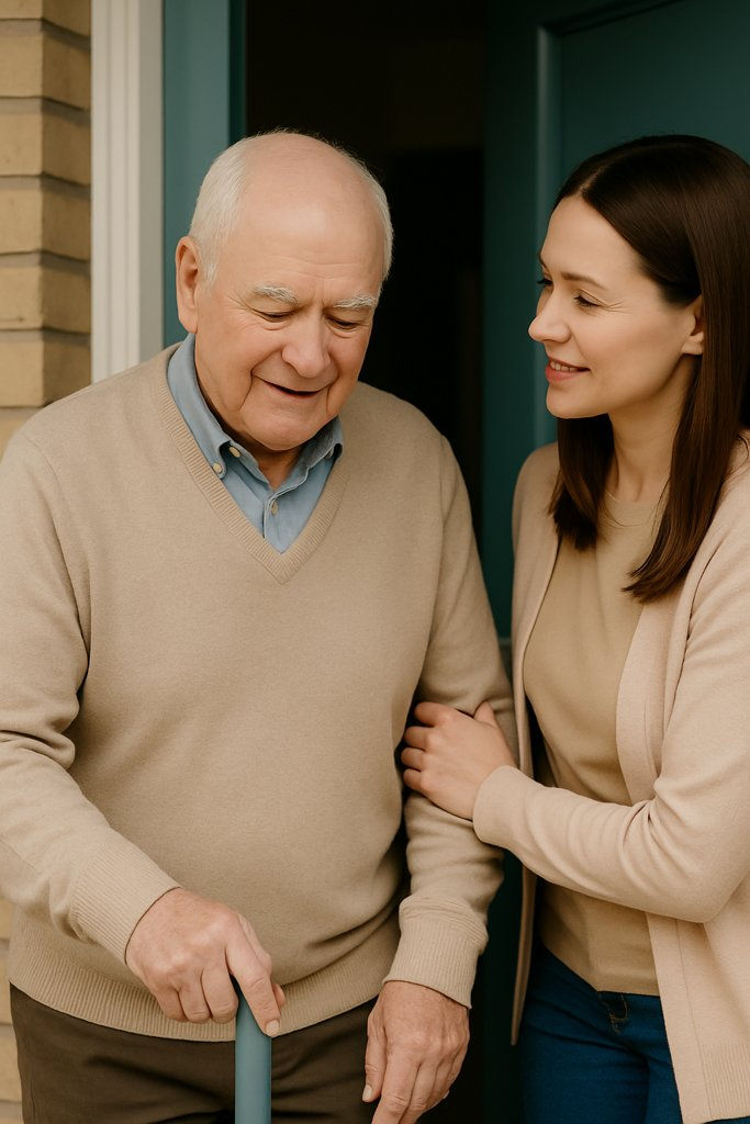 A daughter gently assists her elderly father at the front door—showing how a little support goes a long way in helping seniors stay safe and independent at home.