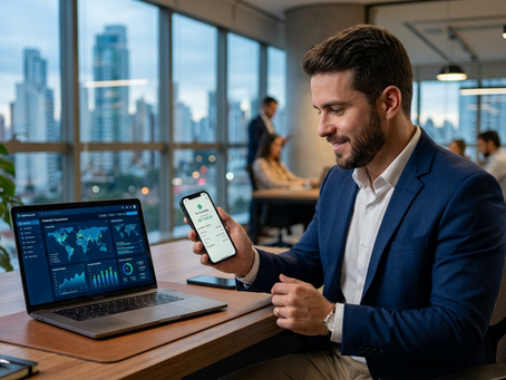 Empresário utilizando um aplicativo bancário para receber um pagamento via Pix enquanto monitora indicadores de segurança em um notebook em ambiente corporativo.