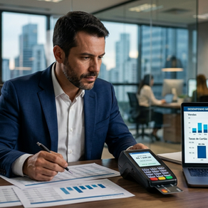 Empresário analisando um relatório financeiro ao lado de uma maquininha de cartão, com gráficos representando taxas de transação e recebíveis.