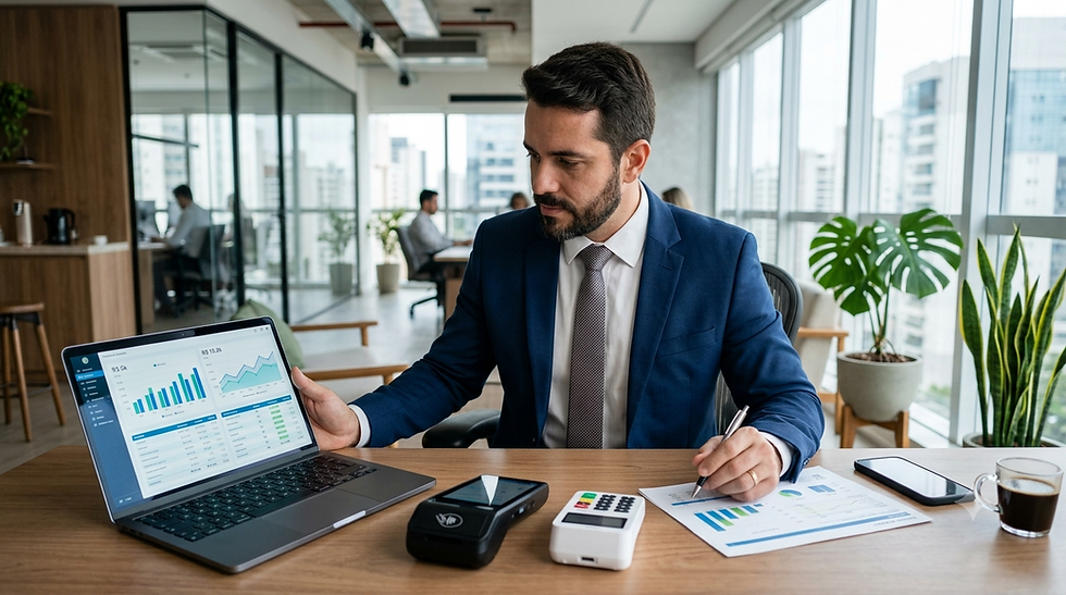 Empresário analisando relatórios financeiros e comparando custos de maquininhas de cartão em um escritório moderno, buscando reduzir despesas da empresa.