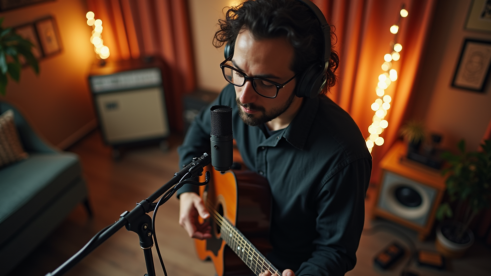 High angle view of a musician recording music in a home studio