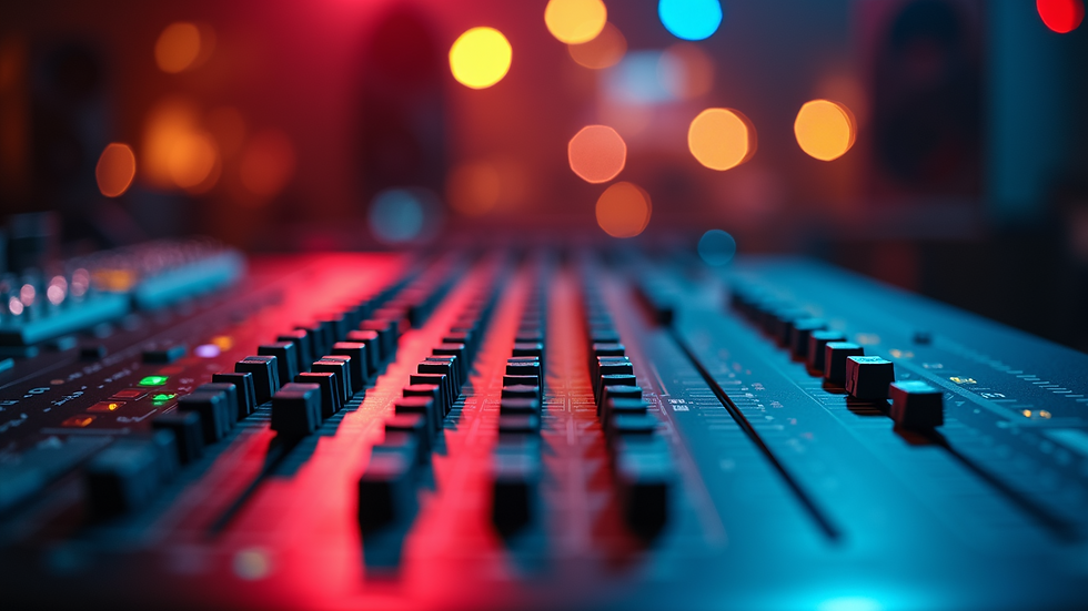 Close-up view of sound mixing board with vibrant audio visuals