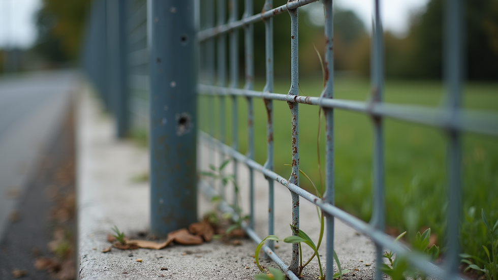 Close-up view of a metal fence post securely set in concrete