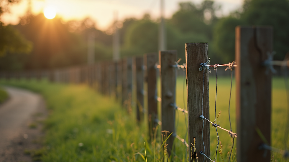 Eye-level view of wooden fence posts aligned along a property line
