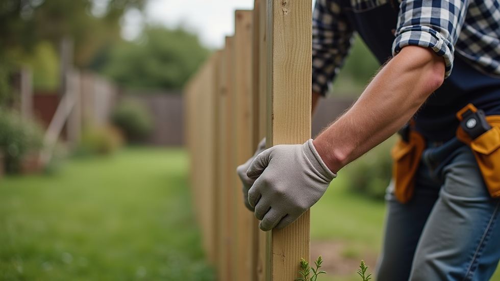 Close-up view of a professional installing fence posts in a backyard