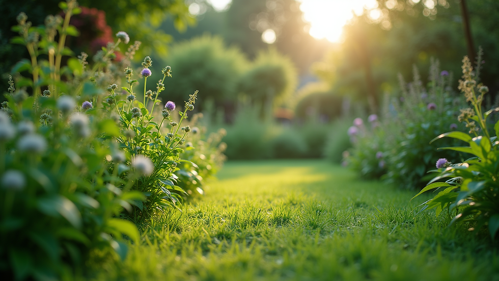 Eye-level view of a lush green garden with diverse plants