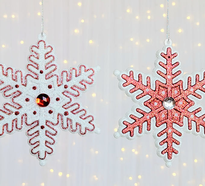 Kurt Adler 4.25" S/2 Red White Glittered Snowflake J5073 Christmas Ornaments