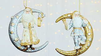 Kurt Adler 4" Set of 2 Celestial Santa Moon Metallic Gold Silver Ornament E1036