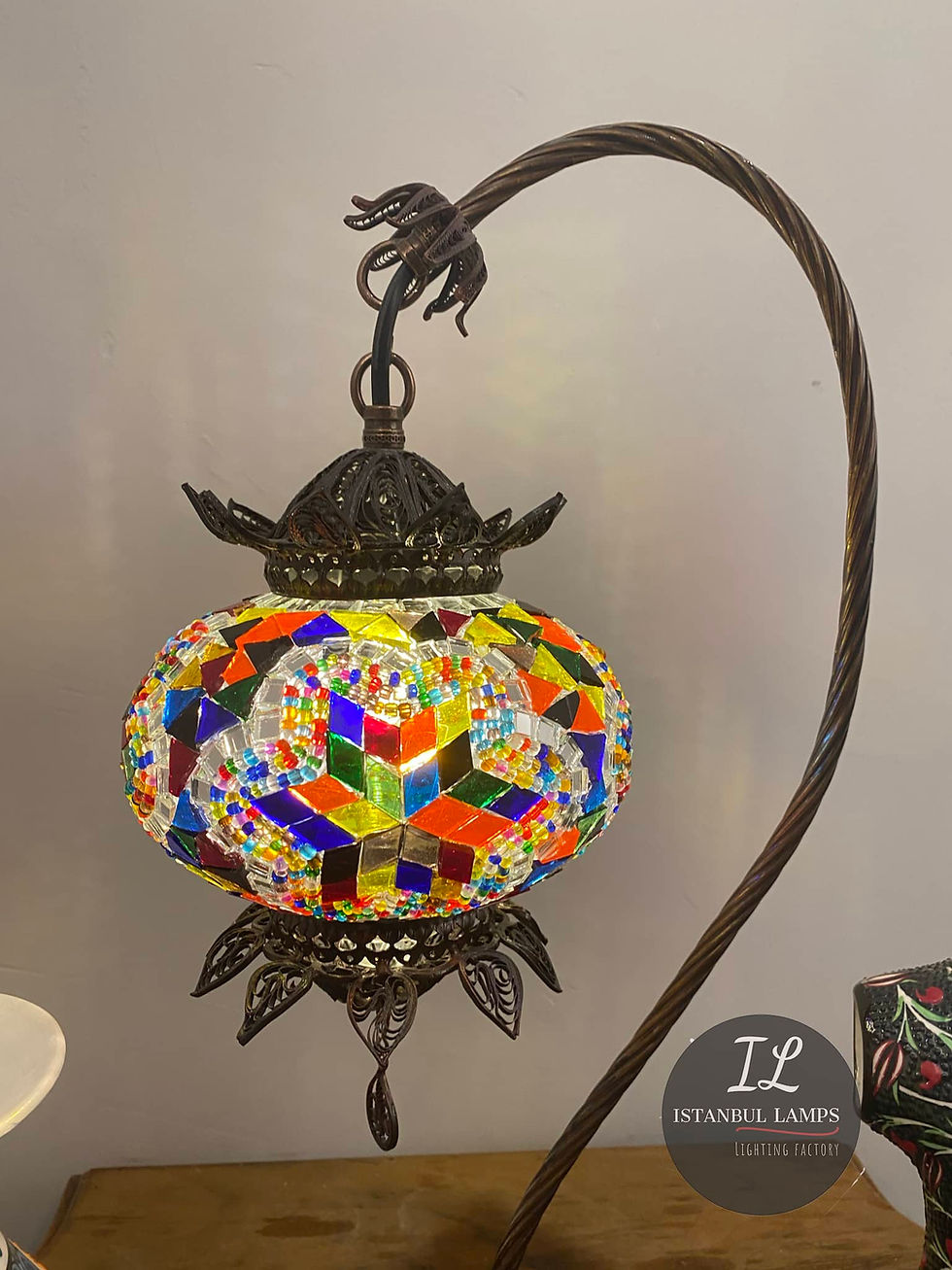 Thumbnail: Bohemian Copper Filigree Mosaic Turkish Swan Neck Table Lamp