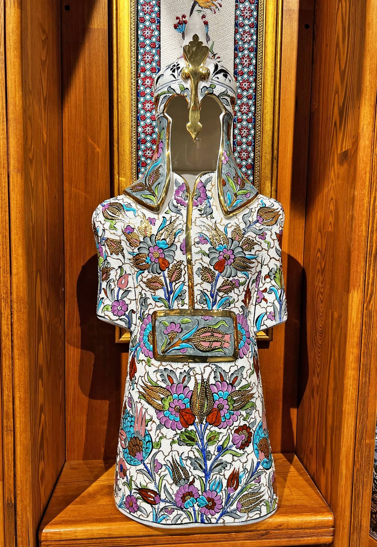 Handcrafted Turkish Ceramic Warrior Statue – Floral Motif with Gold Accents