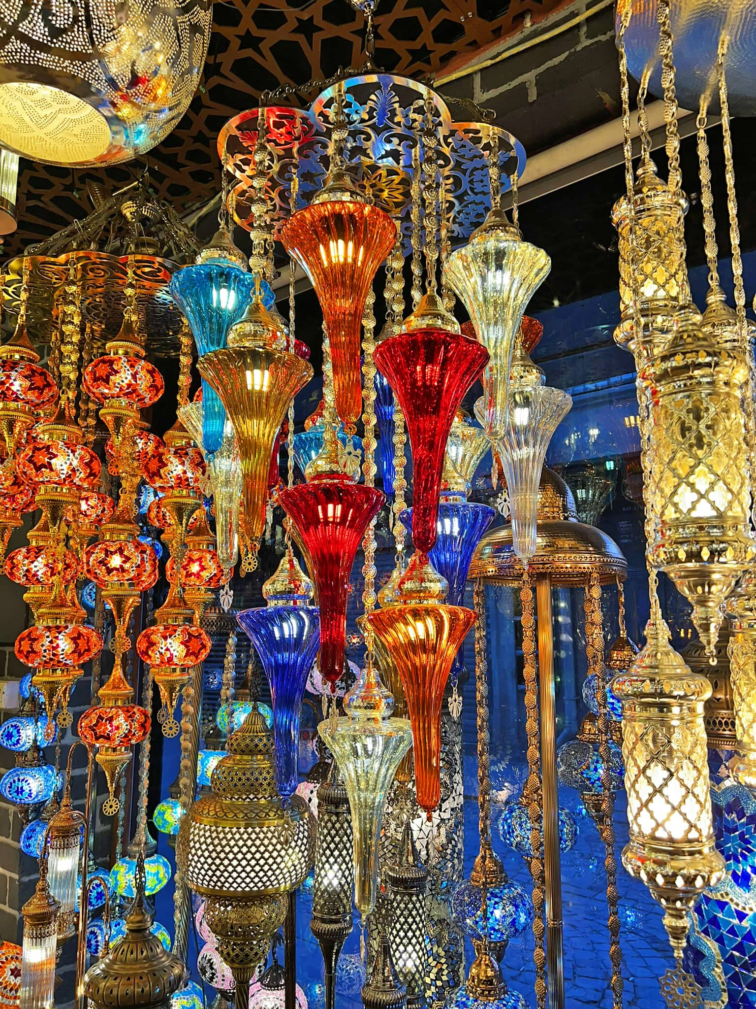 Turkish Ottoman-Style Chandelier with Fluted Glass Pendants and Brass Frame