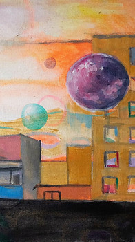 Gemälde ‚Planetarische Stadt‘: urbane Szene mit Gebäuden und schwebenden Planeten im Abendhimmel, Acrylmalerei in kräftigen Orange-, Türkis- und Lilatönen, Beispiel für die Malerei auf der Website.