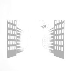 Ein Papierflieger fliegt zwischen zwei Häuserreihen