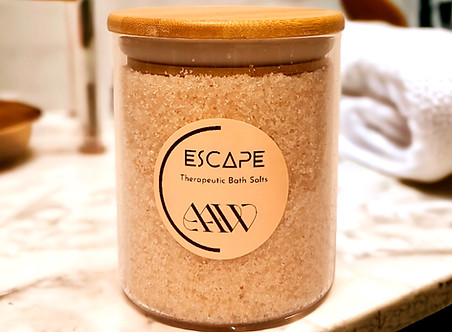 Escape Bath Salts displayed on bathroom counter.