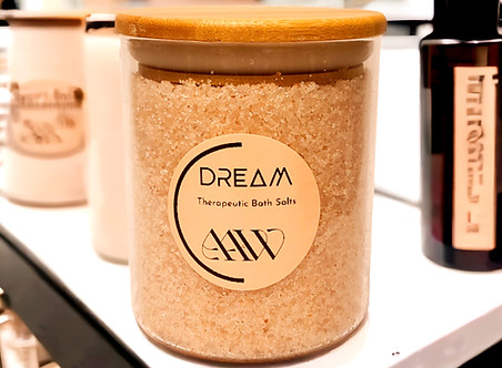 Dream Bath Salts displayed on bathroom counter.