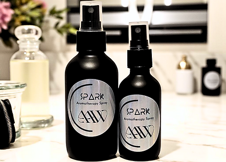 Spark Aromatherapy Spray image of both the 4oz and 2oz next to each other on bathroom countertop.