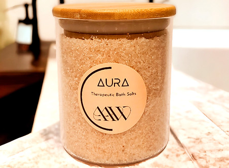 Aura Bath Salts displayed on bathroom counter.