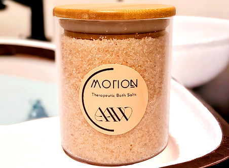 Motion Bath Salts displayed on bathroom counter.