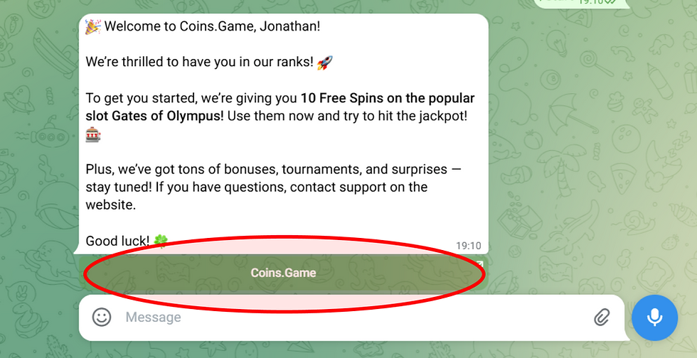 Welcome message from Coins.Game on a green chat background. Offers 10 free spins on "Gates of Olympus" slot. Text shows excitement.