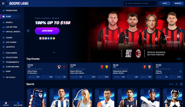 Boomerang Bet official logo – Blue and black theme with boomerang icon