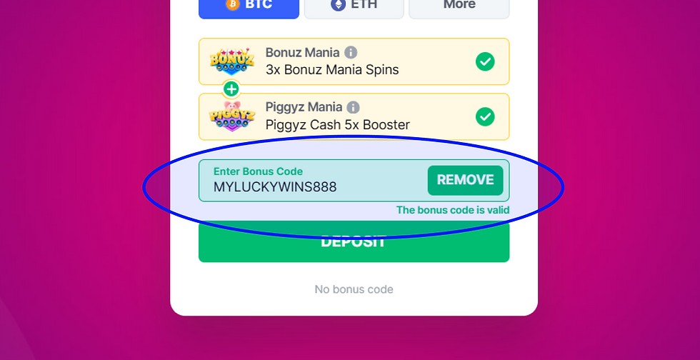 Blue and pink gradient background with a bonus code interface. "MYLUCKYWINS888" is entered, marked valid, with a green "REMOVE" button.