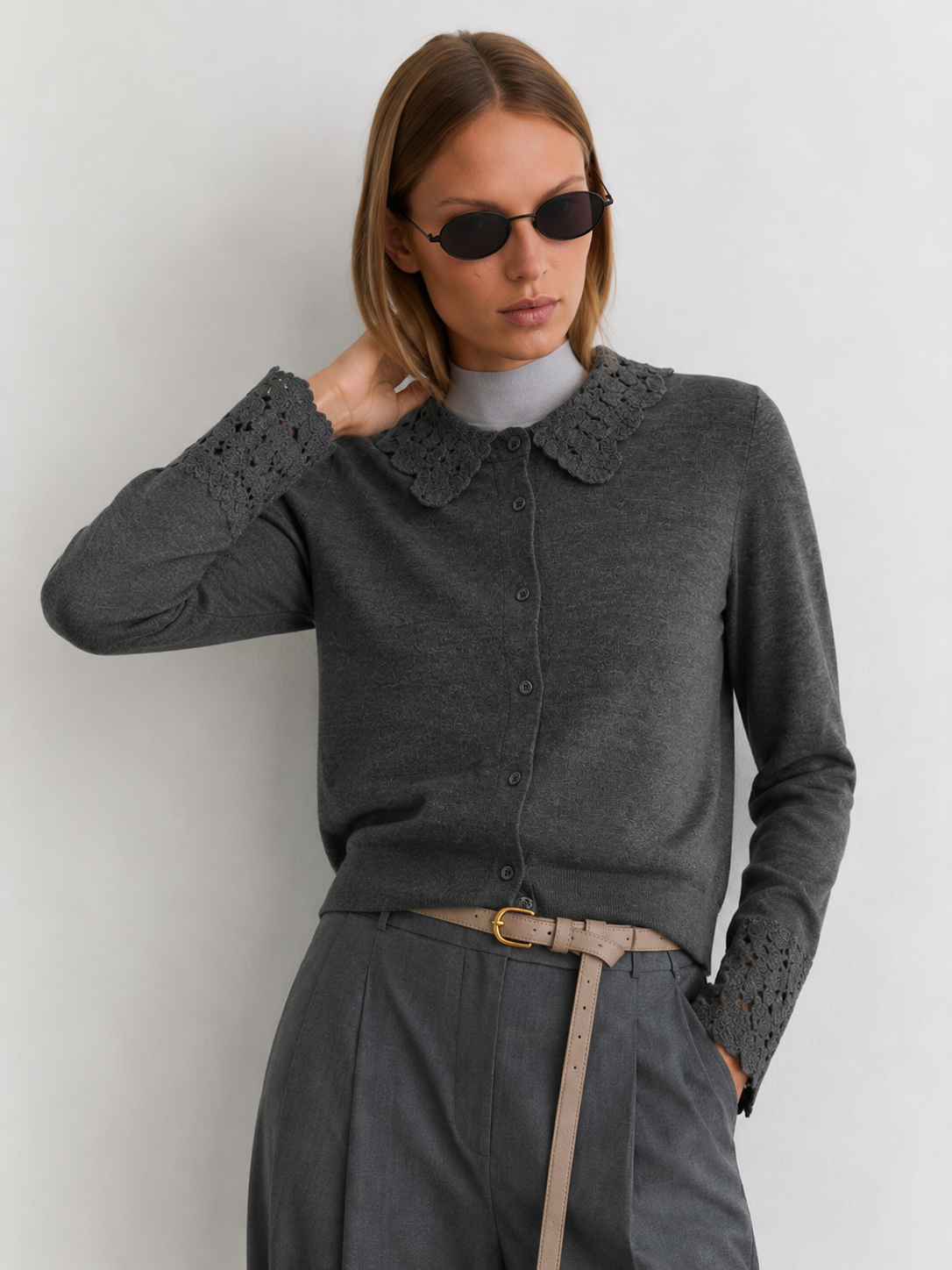 Crochet Details Fine Wool Cardigan